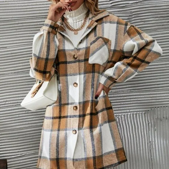 2 piece set Plaid Print Button Front Overcoat & Skirt Tan - Picture 4 of 6